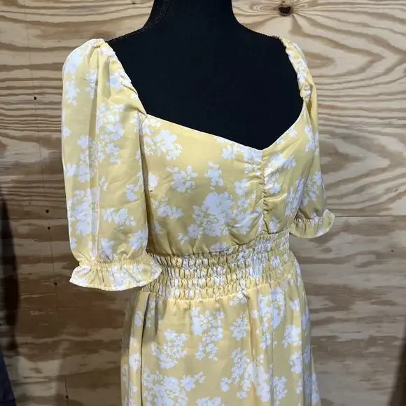 Abercrombie & Fitch Babydoll Dress Smocked Yellow Floral Size M Y2K Cottagecore - Picture 4 of 16